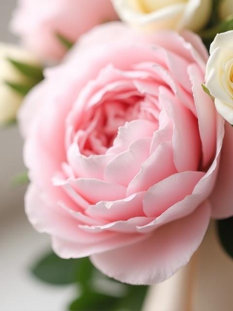 Close-up of a bridal bouquet featuring pink peonies and white roses