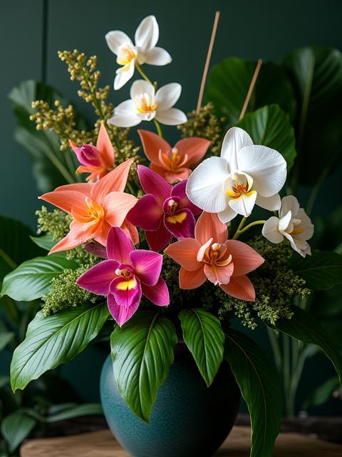 Modern tropical arrangement with orchids and greenery