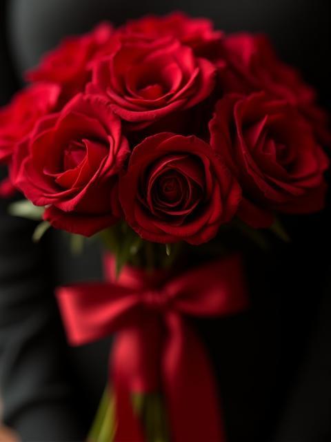 Romantic red rose bouquet tied with a ribbon