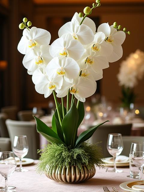 Luxury table centerpiece with tall white orchids and green accents