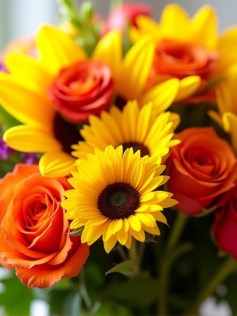 Vibrant mixed flower bouquet with sunflowers and roses