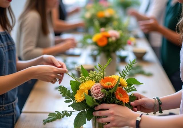 Participants learning floral arrangement in a workshop