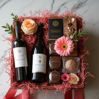 Gift hamper with flowers, chocolates, and wine