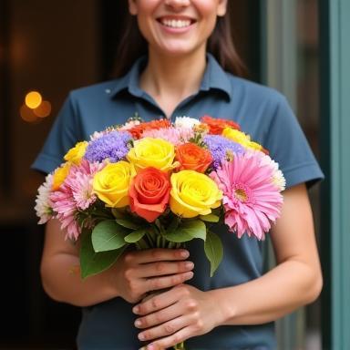 Flower delivery person holding a bouquet